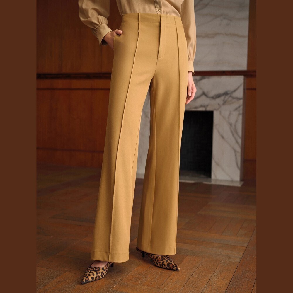 Camel Yellow Pintuck Seam High Waist Flared Trousers